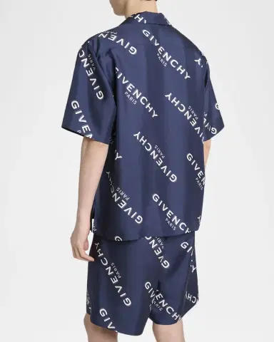 Givenchy Men 's Silk All-Over Logo Bowling Shirt | Thumbnail 2