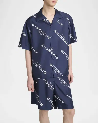 Givenchy Men 's Silk All-Over Logo Bowling Shirt | Thumbnail 3