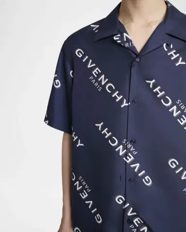 Givenchy Men 's Silk All-Over Logo Bowling Shirt | Thumbnail 4
