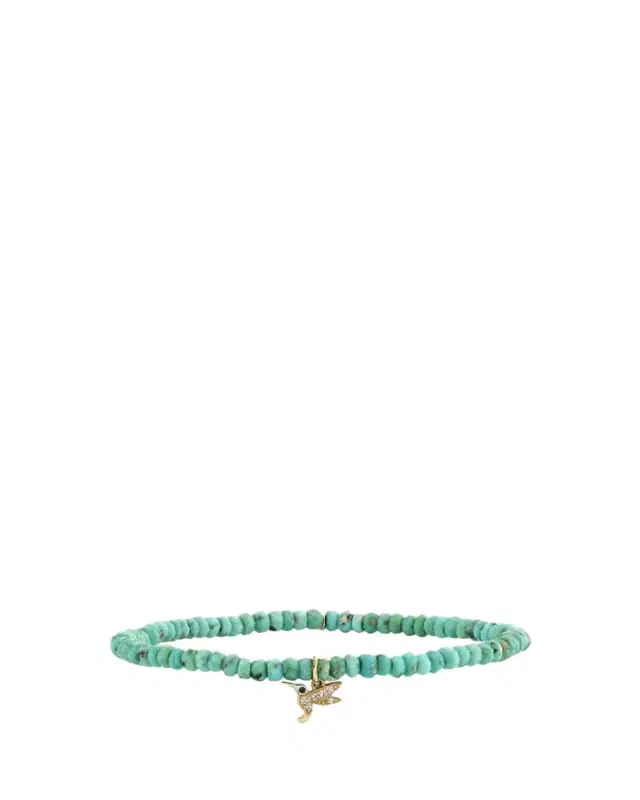 14K Yellow Gold Tiny Hummingbird Diamond Charm and Arizona Turquoise Bead Bracelet