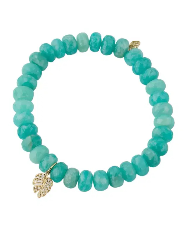 14K Gold Diamond Pave Leaf Charm Amazonite Beaded Bracelet