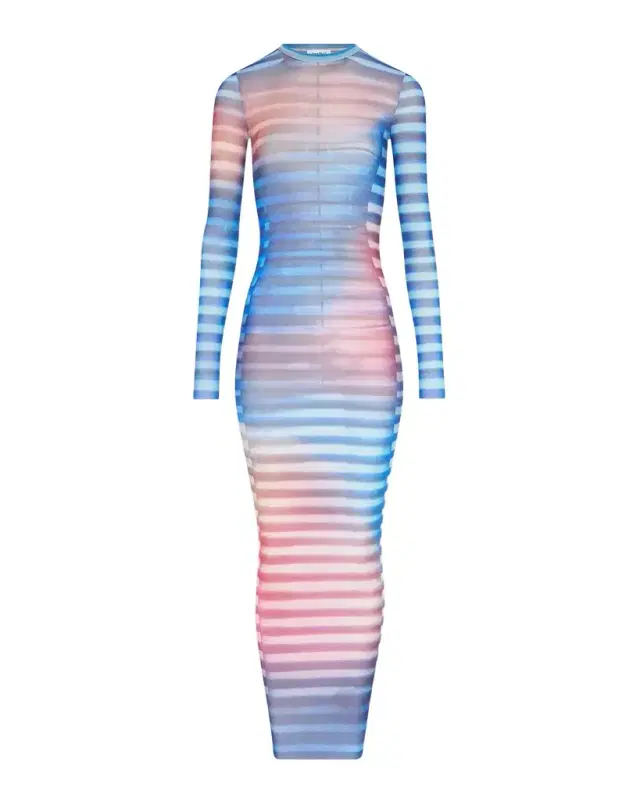 Air-Print Mesh Long-Sleeve Maxi Dress