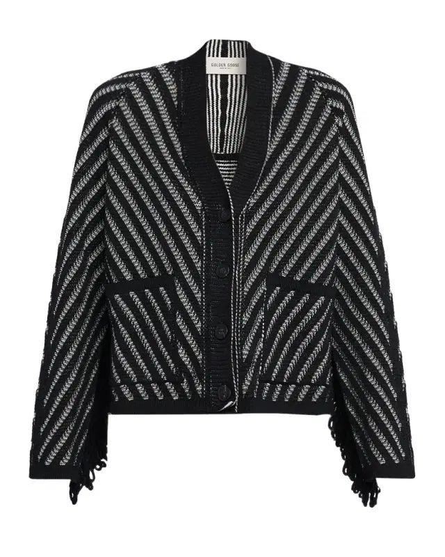 Journey Olidia Herringbone Jacquard Fringe-Trim Cardigan