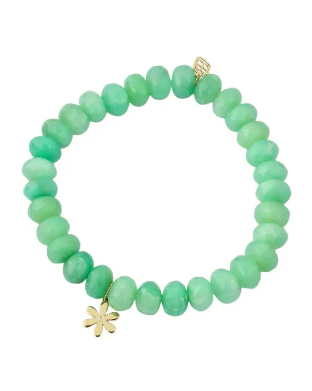 14K Gold Diamond Daisy Charm Chrysoprase Beaded Bracelet