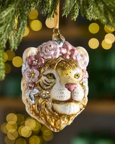 Jay Strongwater Metallic Tiger with Flower Crown Christmas Ornament | Thumbnail 1