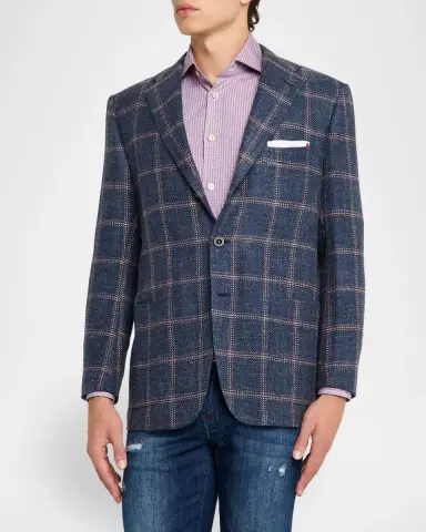 Kiton Men's Cashmere, Wool and Silk Washed Windowpane Sport Coat | Thumbnail 4