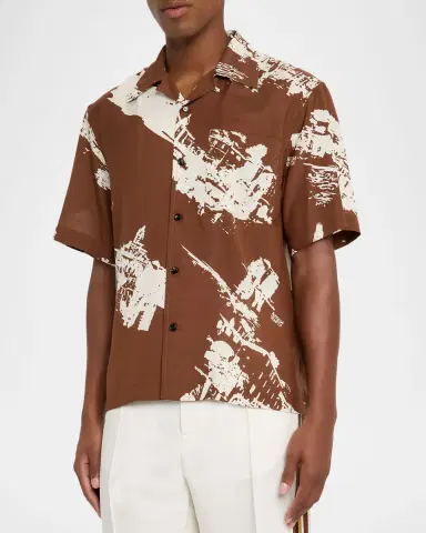Bottega Veneta Men's Italian Postcard Silk Short-Sleeve Shirt | Thumbnail 4 Bottega Veneta Men's Italian Postcard Silk Short-Sleeve Shirt | Thumbnail 4