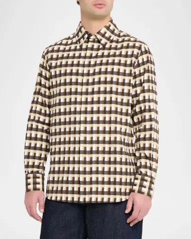 Bottega Veneta Men's Cotton 3D Check-Print Button-Down Shirt | Thumbnail 4 Bottega Veneta Men's Cotton 3D Check-Print Button-Down Shirt | Thumbnail 4