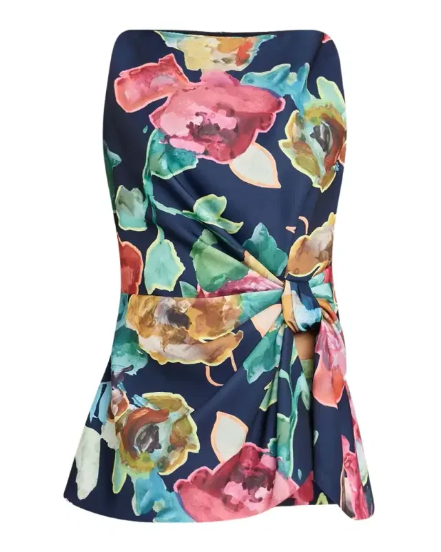 High-Neck Ruched Printed Crepe Top