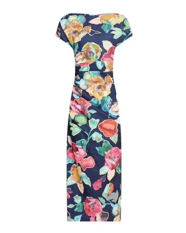Floral Print Ruched Crepe Midi Dress