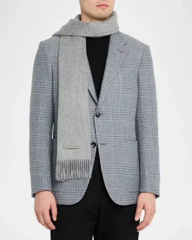 Zegna Men's Oasi Cashmere Madras Check Scarf with Leather Brand Mark | Thumbnail 3 Zegna Men's Oasi Cashmere Madras Check Scarf with Leather Brand Mark | Thumbnail 3