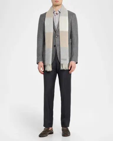 Zegna Men's Oasi Cashmere Madras Check Scarf with Leather Brand Mark | Thumbnail 2