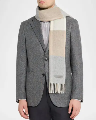 Zegna Men's Oasi Cashmere Madras Check Scarf with Leather Brand Mark | Thumbnail 3