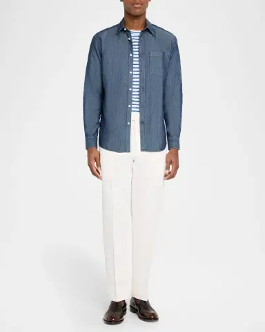 dunhill Men's Silk-Cotton Chambray Long-Sleeve Shirt | Thumbnail 2