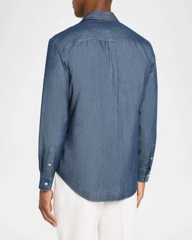 dunhill Men's Silk-Cotton Chambray Long-Sleeve Shirt | Thumbnail 3