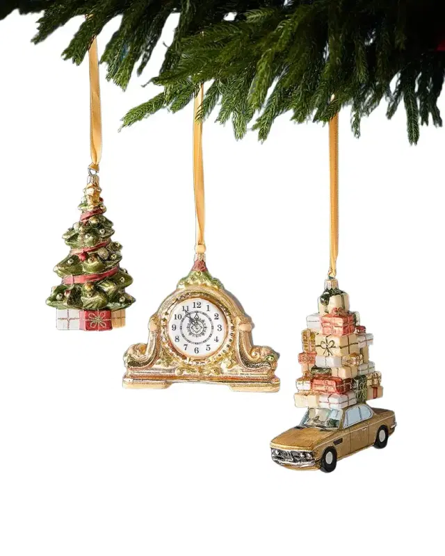 Car, Clock and Tree Christmas Ornaments, Set of 3