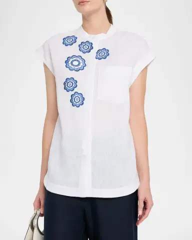 Silvia Tcherassi Adele Flower Embroidered Cap-Sleeve Linen Blouse | Thumbnail 4 Silvia Tcherassi Adele Flower Embroidered Cap-Sleeve Linen Blouse | Thumbnail 4