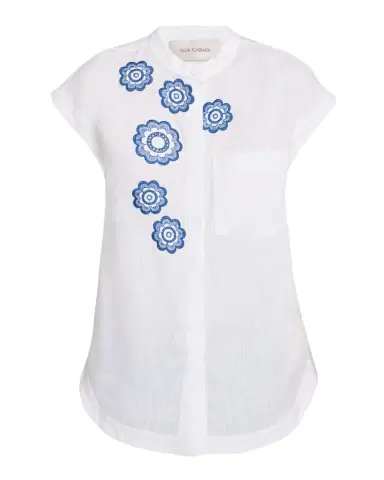 Silvia Tcherassi Adele Flower Embroidered Cap-Sleeve Linen Blouse | Thumbnail 1 Silvia Tcherassi Adele Flower Embroidered Cap-Sleeve Linen Blouse | Thumbnail 1