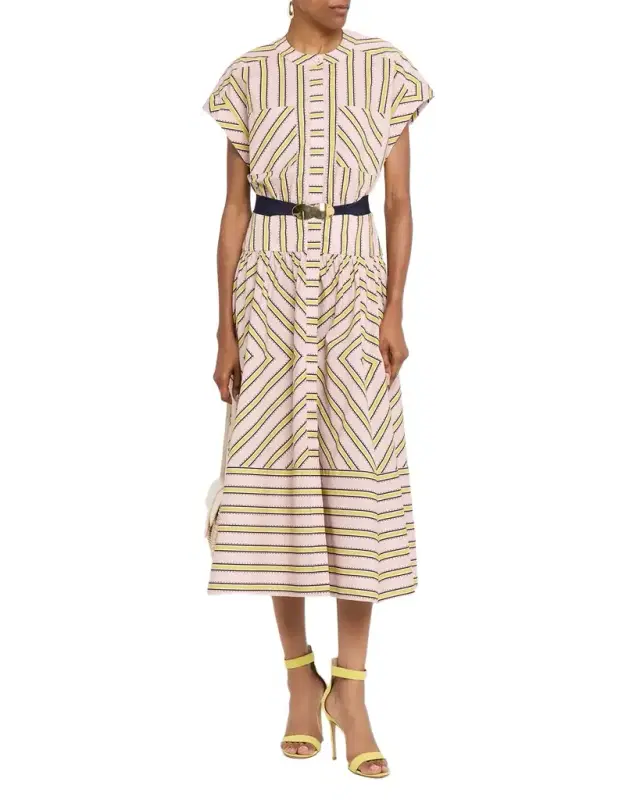 Macarena Striped Short-Sleeve Midi Shirtdress