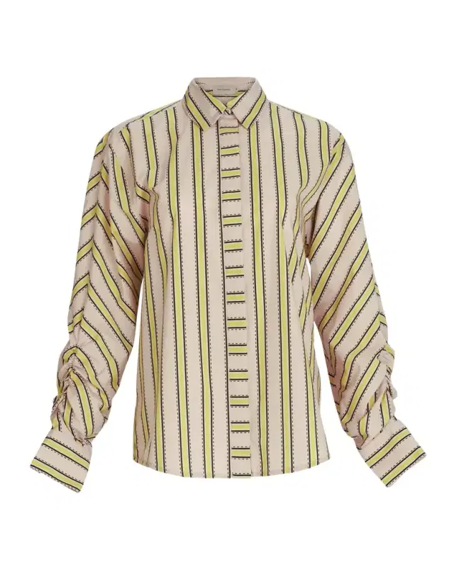 Caritina Striped Ruched-Sleeve Button-Down Blouse