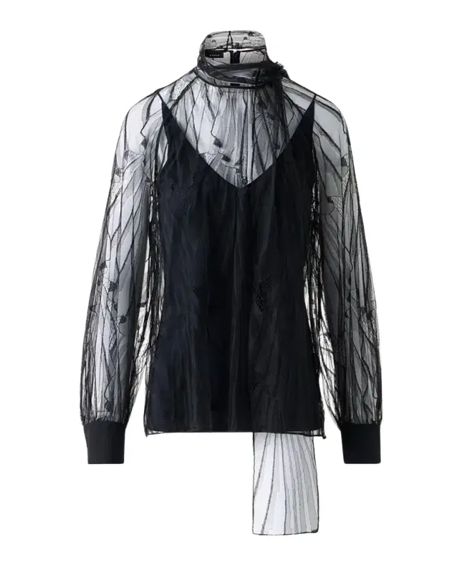Long-Sleeve Flounce Lace Scarf Blouse