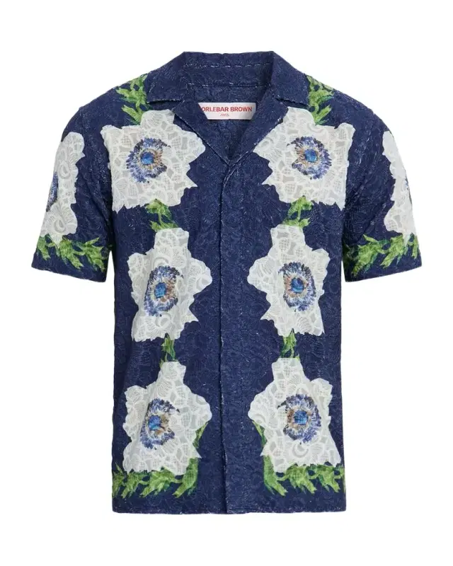 Men 's Broderie Anglaise Embroidered Relaxed-Fit Camp Shirt
