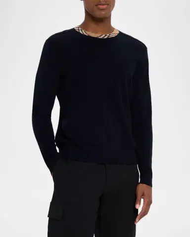 Burberry Men's Wool Knit Check-Trim Crewneck Sweater | Thumbnail 4 Burberry Men's Wool Knit Check-Trim Crewneck Sweater | Thumbnail 4