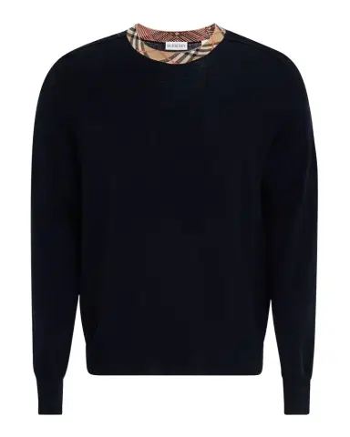 Burberry Men's Wool Knit Check-Trim Crewneck Sweater | Thumbnail 1 Burberry Men's Wool Knit Check-Trim Crewneck Sweater | Thumbnail 1