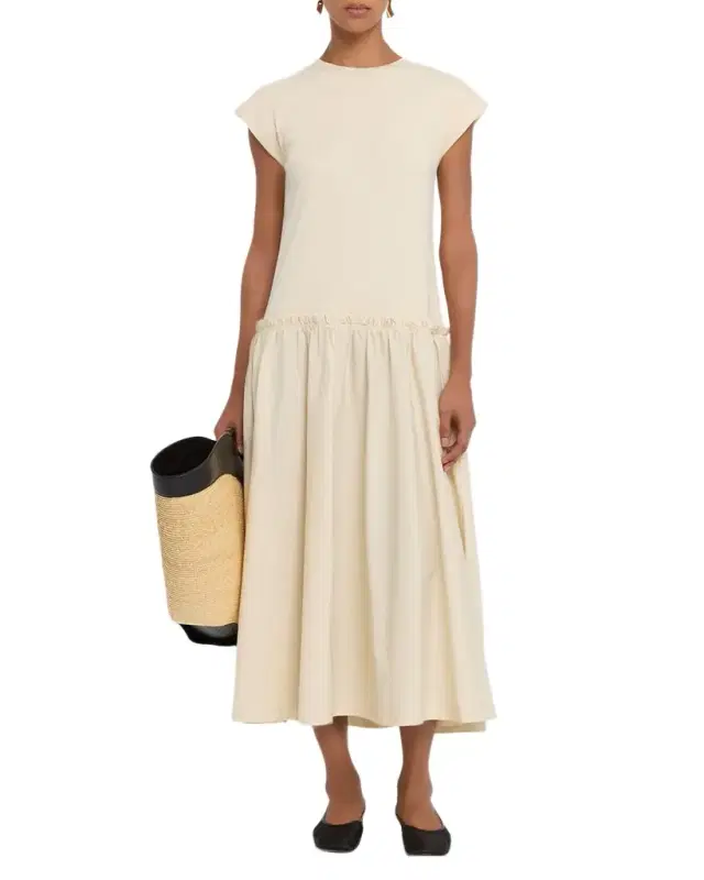 Cap-Sleeve Cotton Jersey & Poplin Midi Dress