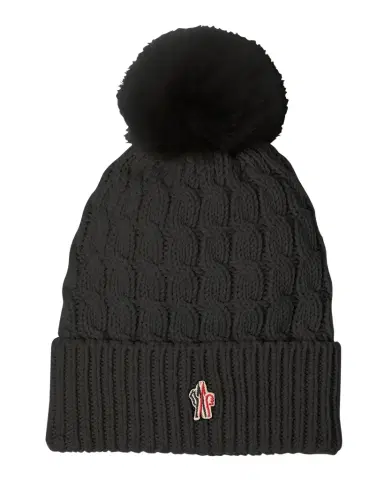 Moncler Grenoble Cable-Knit Beanie with Fur Pom | Thumbnail 1 Moncler Grenoble Cable-Knit Beanie with Fur Pom | Thumbnail 1