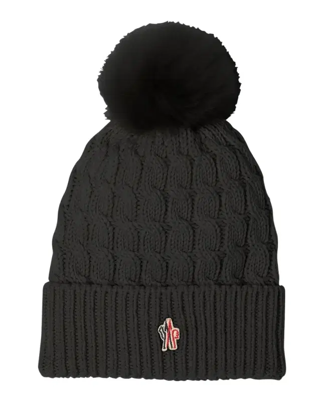 Moncler Grenoble Cable-Knit Beanie with Fur Pom