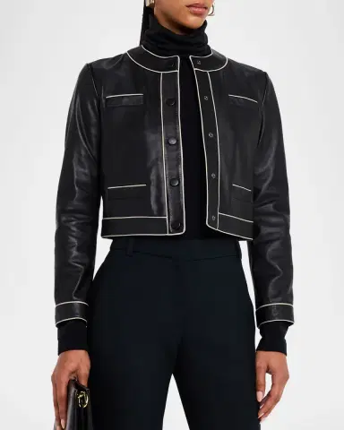 Emporio Armani Cropped Contrast-Trim Leather Jacket | Thumbnail 4 Emporio Armani Cropped Contrast-Trim Leather Jacket | Thumbnail 4