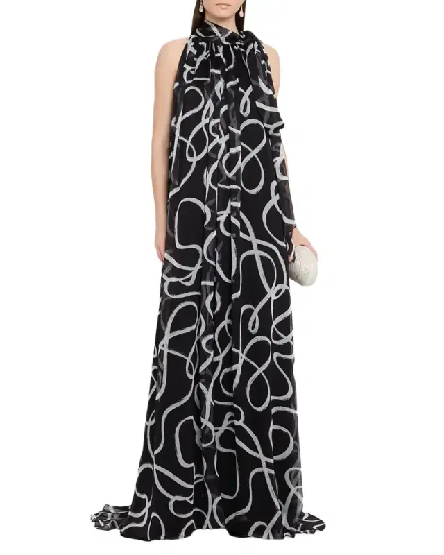Lyle Brushstroke-Print Chiffon Halter Gown