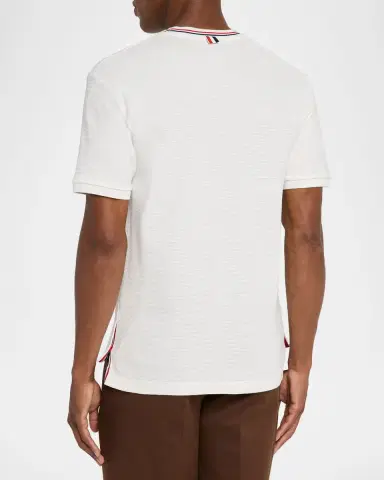Thom Browne Men's Stripe-Neck Trim Waffle Knit T-Shirt | Thumbnail 3 Thom Browne Men's Stripe-Neck Trim Waffle Knit T-Shirt | Thumbnail 3