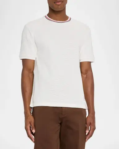 Thom Browne Men's Stripe-Neck Trim Waffle Knit T-Shirt | Thumbnail 4 Thom Browne Men's Stripe-Neck Trim Waffle Knit T-Shirt | Thumbnail 4