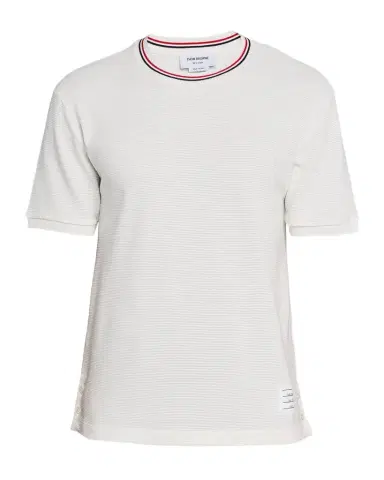 Thom Browne Men's Stripe-Neck Trim Waffle Knit T-Shirt | Thumbnail 1 Thom Browne Men's Stripe-Neck Trim Waffle Knit T-Shirt | Thumbnail 1