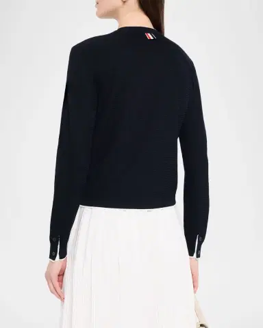 Thom Browne Textured Stitch Crew Neck Cardigan In Wool Crepe | Thumbnail 3