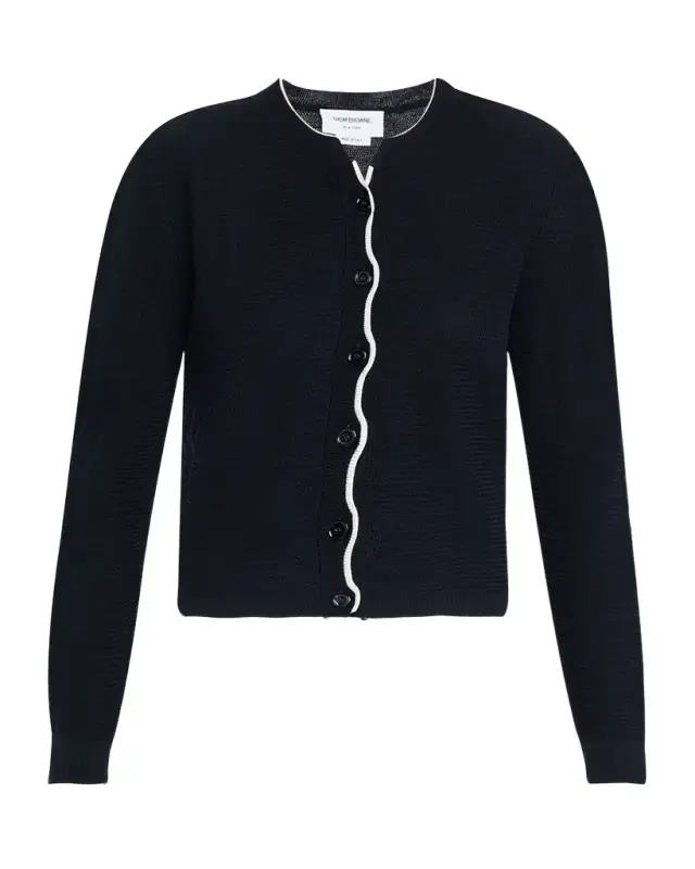 Textured Stitch Crew Neck Cardigan In Wool Crepe