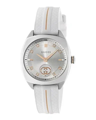 Gucci 29mm Interlocking Diamond Watch with Rubber Strap, White | Thumbnail 1 Gucci 29mm Interlocking Diamond Watch with Rubber Strap, White | Thumbnail 1