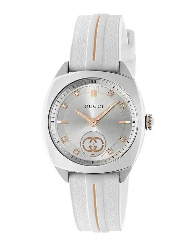 Gucci 29mm  Interlocking Diamond Watch with Rubber Strap, White