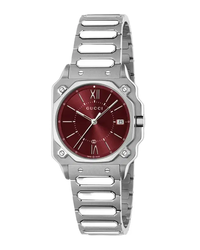 Gucci Men 's G-Flat Burgundy-Dial Stainless Steel Bracelet Watch, 30mm