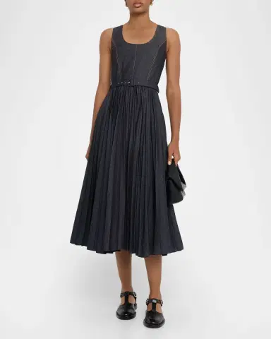 Dice Kayek Sleeveless Pleated Denim Midi Dress With Belt | Thumbnail 2