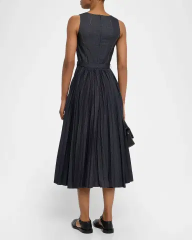 Dice Kayek Sleeveless Pleated Denim Midi Dress With Belt | Thumbnail 3