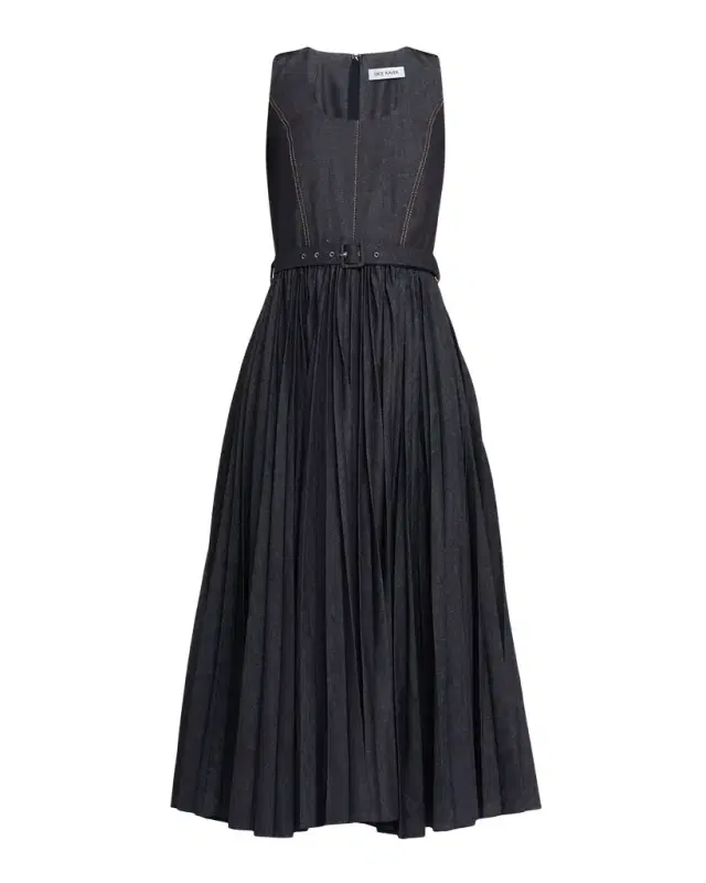 Sleeveless Pleated Denim Midi Dress With Belt