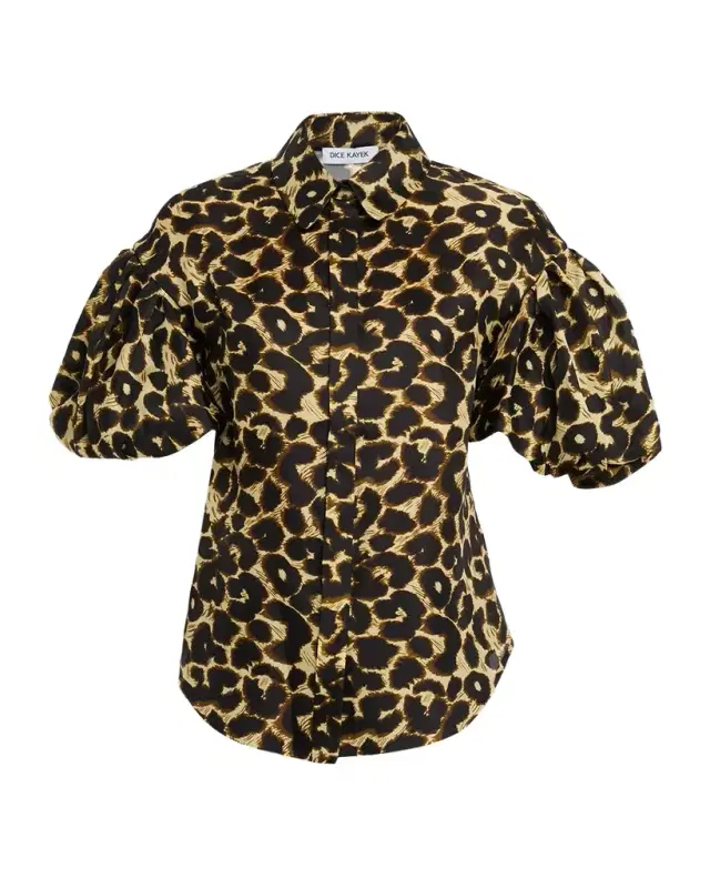Dice Kayek Leopard-Print Puff-Sleeve Button-Down Shirt