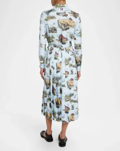 Thom Browne Scenic Toile Silk Twill Pleated Midi Shirtdress With Belt | Thumbnail 2 Thom Browne Scenic Toile Silk Twill Pleated Midi Shirtdress With Belt | Thumbnail 2