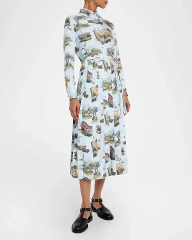 Thom Browne Scenic Toile Silk Twill Pleated Midi Shirtdress With Belt | Thumbnail 3 Thom Browne Scenic Toile Silk Twill Pleated Midi Shirtdress With Belt | Thumbnail 3
