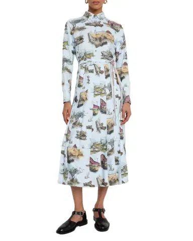 Thom Browne Scenic Toile Silk Twill Pleated Midi Shirtdress With Belt | Thumbnail 1 Thom Browne Scenic Toile Silk Twill Pleated Midi Shirtdress With Belt | Thumbnail 1