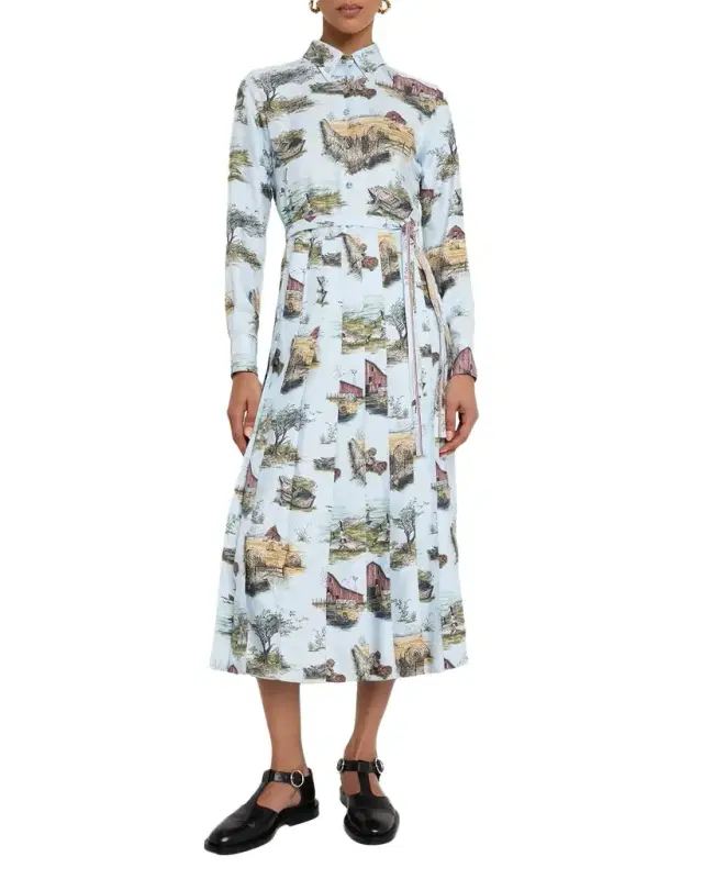 Scenic Toile Silk Twill Pleated Midi Shirtdress With Belt