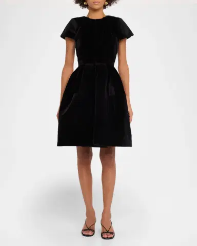 Dice Kayek Pleated Velvet Short-Sleeve Fit-&-Flare Dress | Thumbnail 2